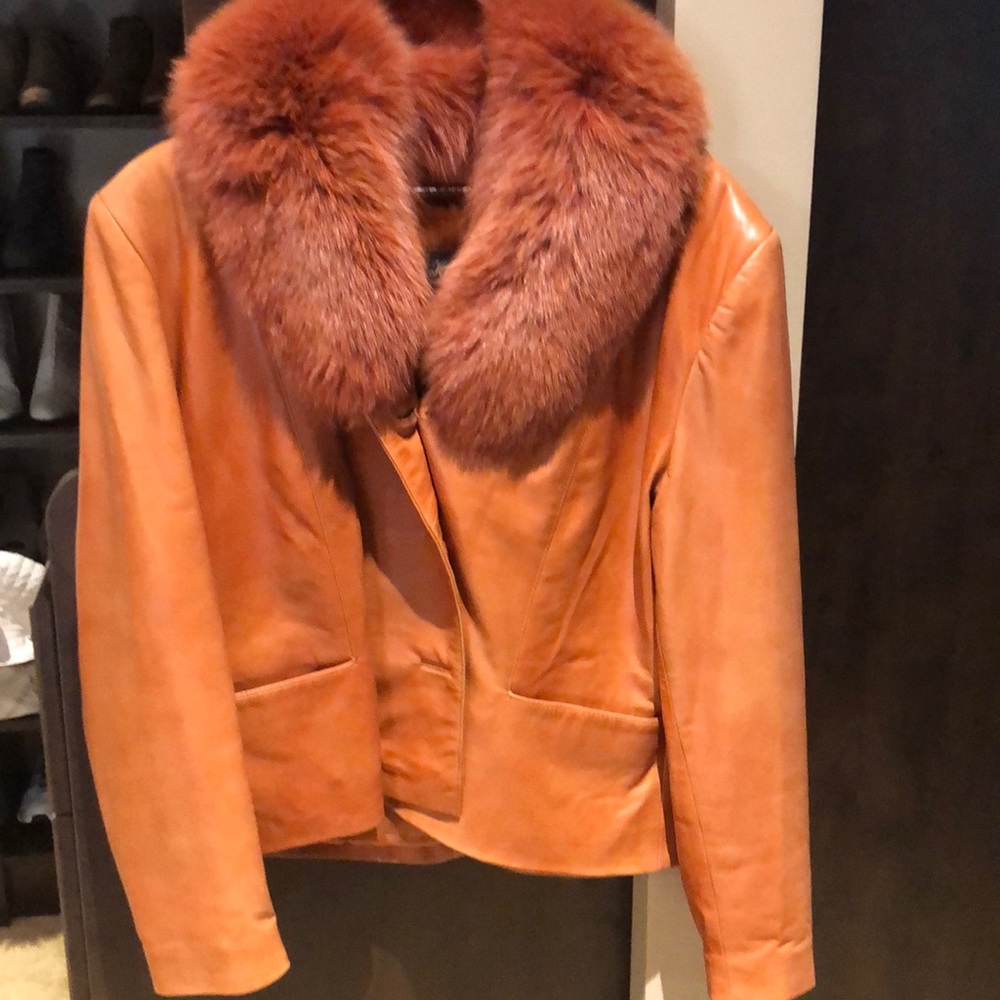 Henig orange leather and fur collar coat
